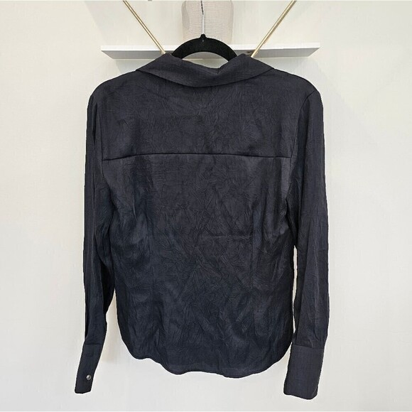 MNG by Mango Midnight Blue Crinkle Texture Collared Button Up Blouse Size 4 - Picture 9 of 13